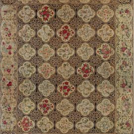 Exquisite English Antique Floral Allover Light Beige Needlework Wool Rug – Circa 1880 (Size Adjusted) BB6916