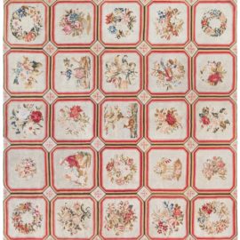 Antique English Floral Allover Cream Beige Needlework Wool Rug – Circa 1900 BB6918