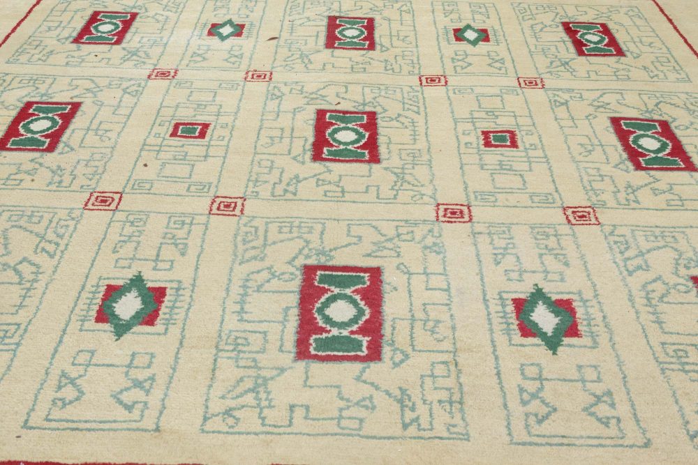 French Vintage Paule Leleu Warm Beige, Burgundy & Green Hand-knotted Rug BB6911