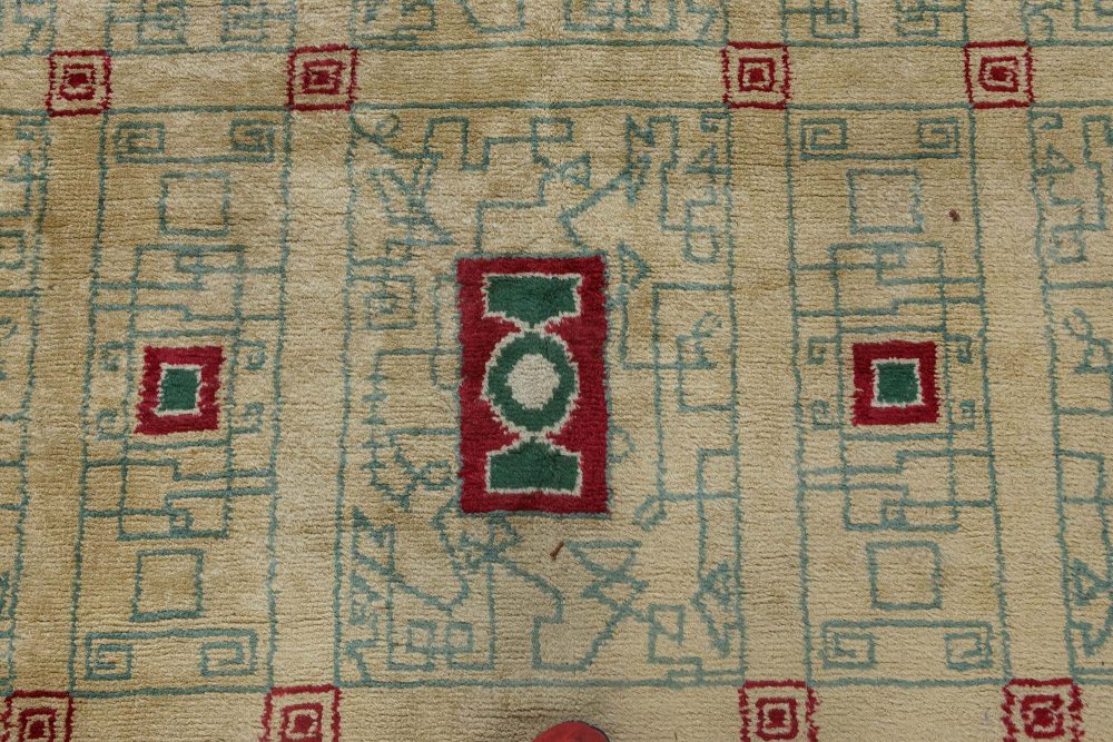 French Vintage Paule Leleu Warm Beige, Burgundy & Green Hand-knotted Rug BB6911