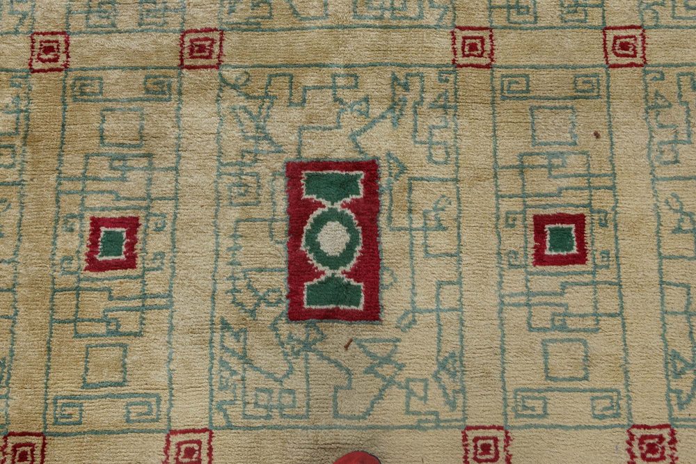 French Vintage Paule Leleu Warm Beige, Burgundy & Green Hand-knotted Rug BB6911