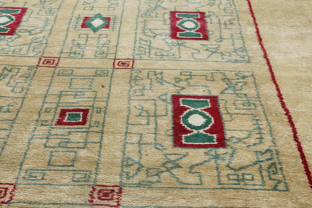 French Vintage Paule Leleu Warm Beige, Burgundy & Green Hand-knotted Rug BB6911