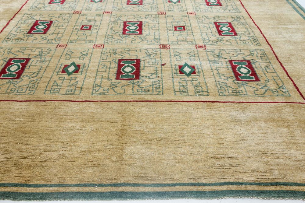 French Vintage Paule Leleu Warm Beige, Burgundy & Green Hand-knotted Rug BB6911