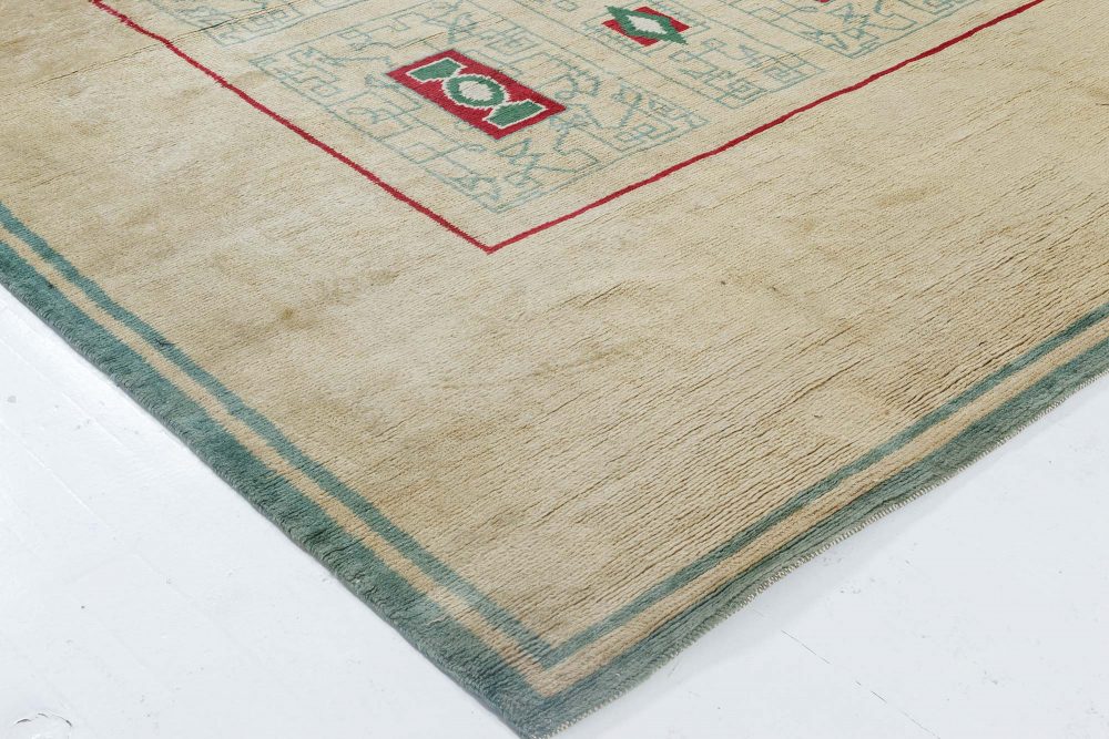 French Vintage Paule Leleu Warm Beige, Burgundy & Green Hand-knotted Rug BB6911