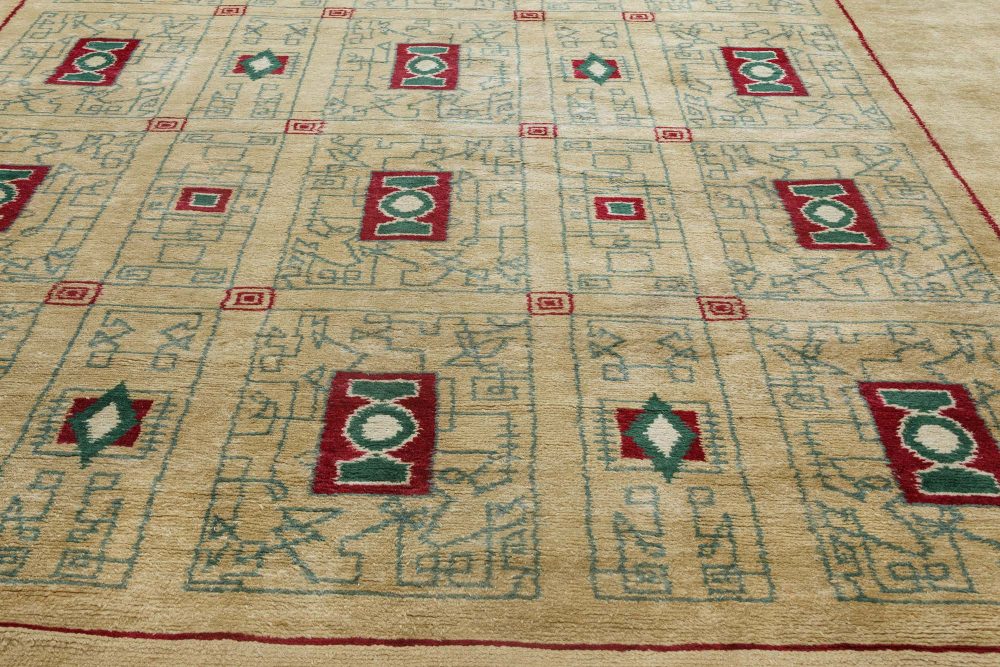 Mid-20th century French Paule Leleu Beige, Green, Burgundy Hand Knotted Wool Rug BB6914