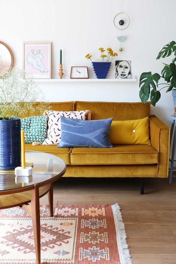 velvet sofa, modern living room decor