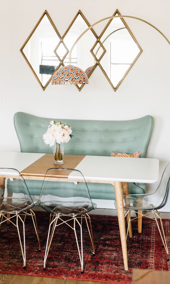 statement wall, mirror wall, dinign room decor ideas