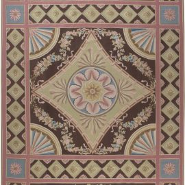 Antique-Inspired Traditional Rug Aubusson Floral Cream Beige Flatweave Wool & Silk “Corolle” N11901