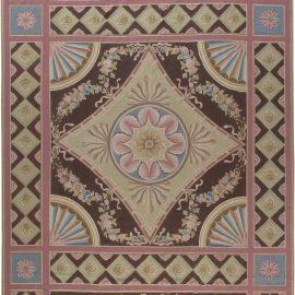 Traditional-Style Aubusson Floral Cream Beige Flatweave Wool & Silk Rug “Eventail” N11908