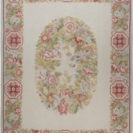 Circle Of Pastel Blooms Cream Beige Hand-Knotted Wool Flatweave-Style Carpet “Garlande” N11906
