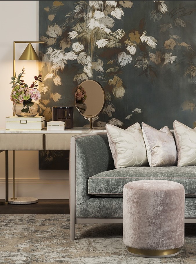2018 interior decor trends, velvet sofa living room
