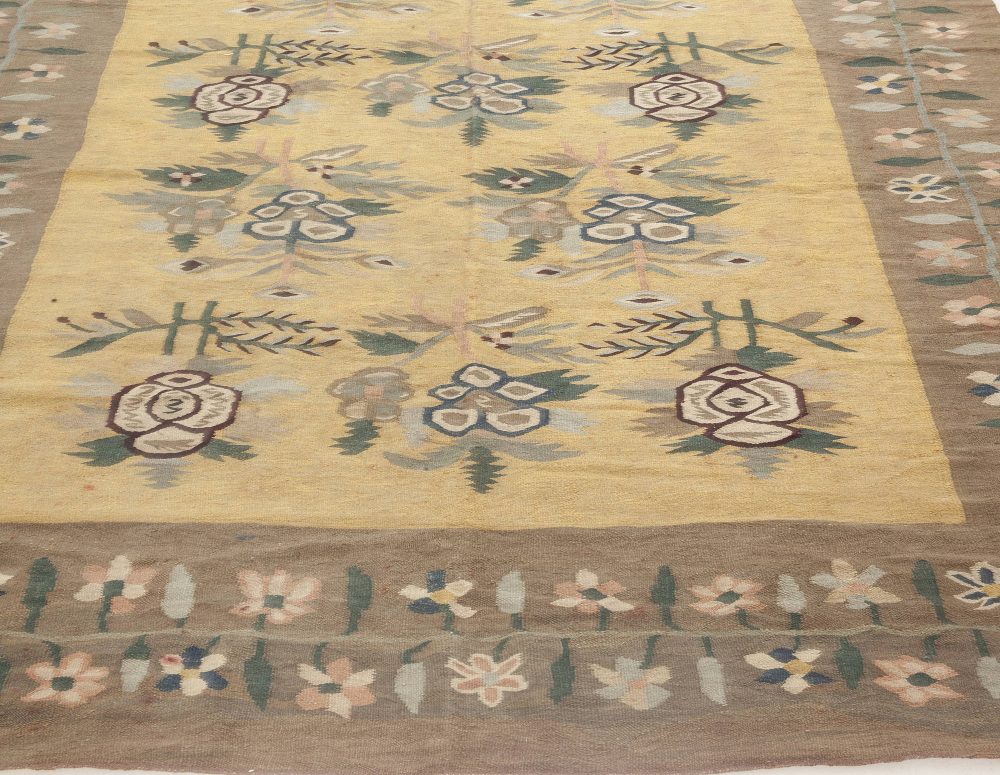 Early 20th Century Bessarabian Floral Brown, Green, Pink and Yellow Rug BB6936