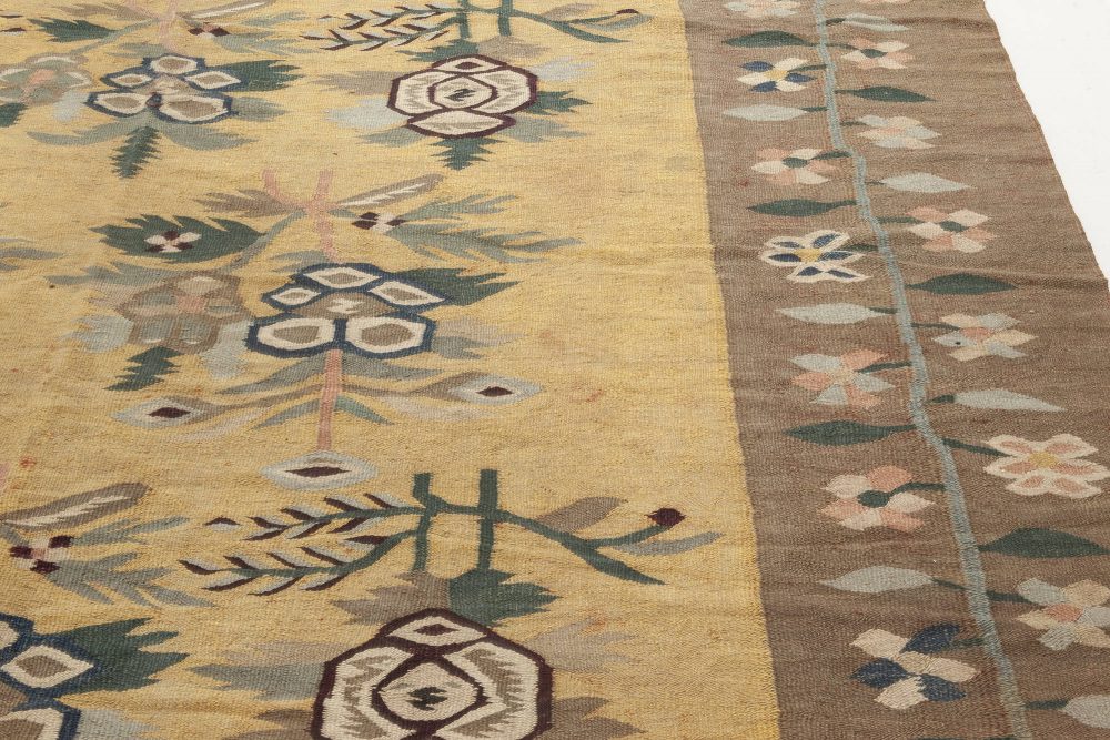 Early 20th Century Bessarabian Floral Brown, Green, Pink and Yellow Rug BB6936