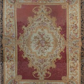 Antique Aubusson French Floral Medallion Ivory Hand-Knotted Wool Rug – Circa 1850 BB6951