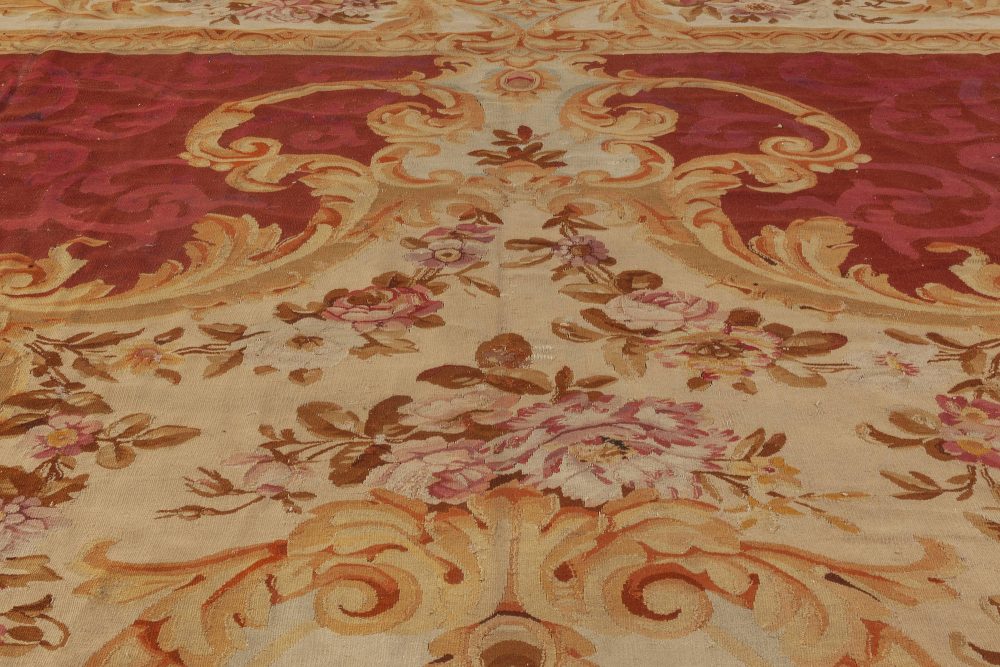 Authentic 19th Century Floral French Aubusson Beige Black Brown Gold Pink Rug BB6951