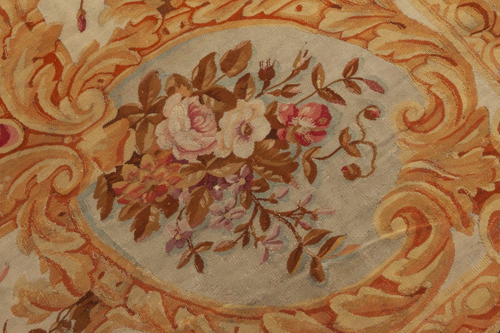 Authentic 19th Century Floral French Aubusson Beige Black Brown Gold Pink Rug BB6951