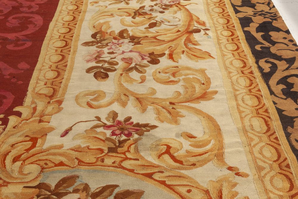 Authentic 19th Century Floral French Aubusson Beige Black Brown Gold Pink Rug BB6951