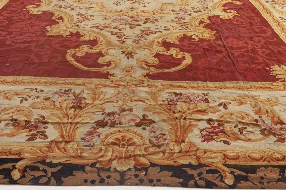 Authentic 19th Century Floral French Aubusson Beige Black Brown Gold Pink Rug BB6951
