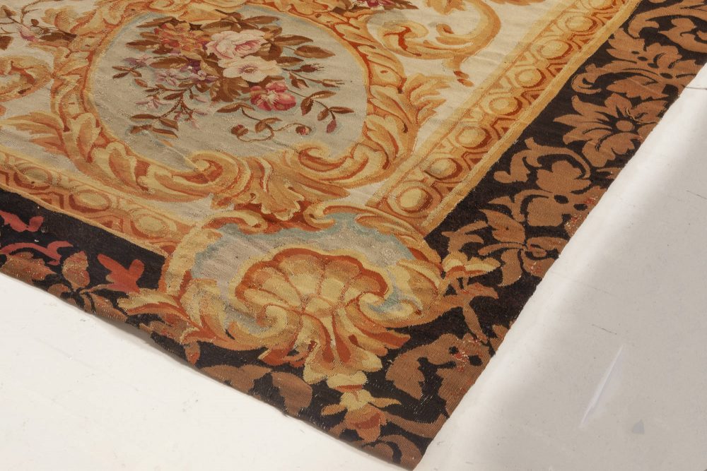 Authentic 19th Century Floral French Aubusson Beige Black Brown Gold Pink Rug BB6951