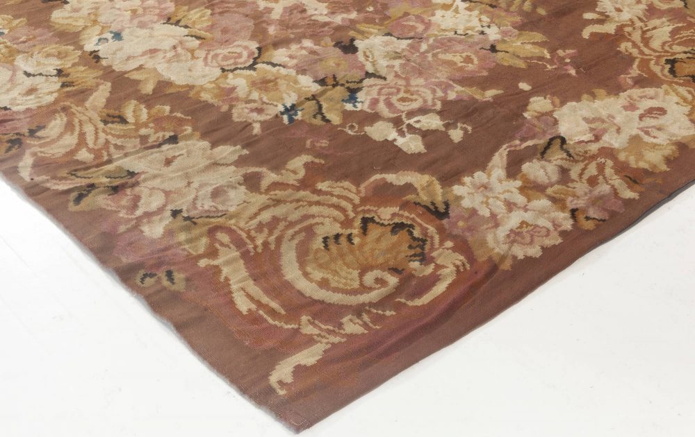1900s French Aubusson Floral Beige, Black, Brown, Pink, Wool Rug BB6934