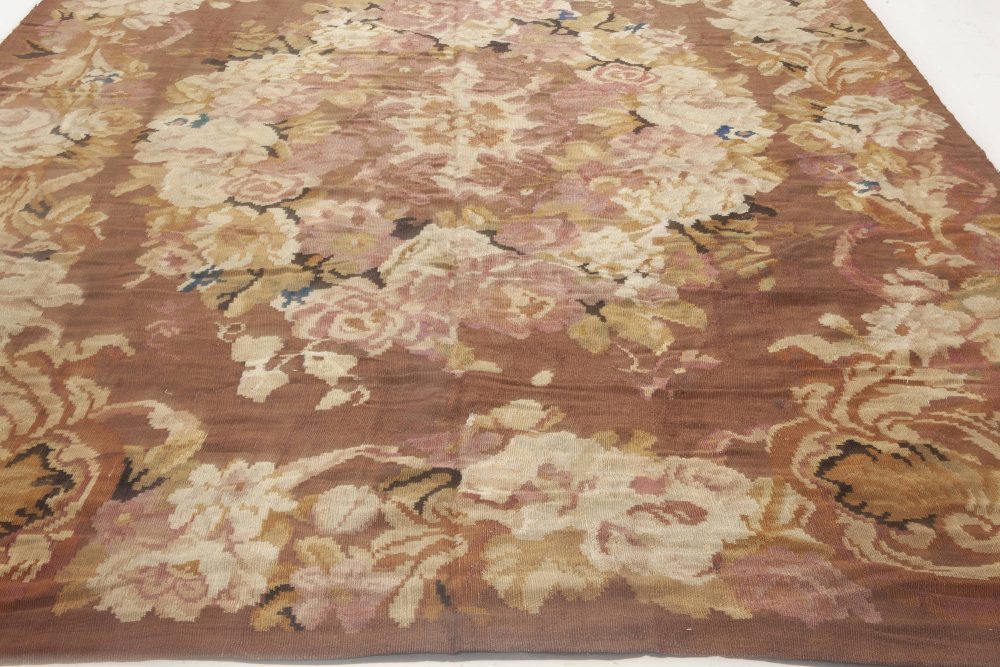 1900s French Aubusson Floral Beige, Black, Brown, Pink, Wool Rug BB6934