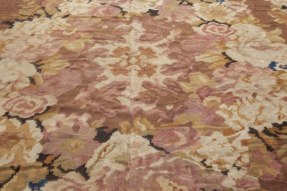 1900s French Aubusson Floral Beige, Black, Brown, Pink, Wool Rug BB6934