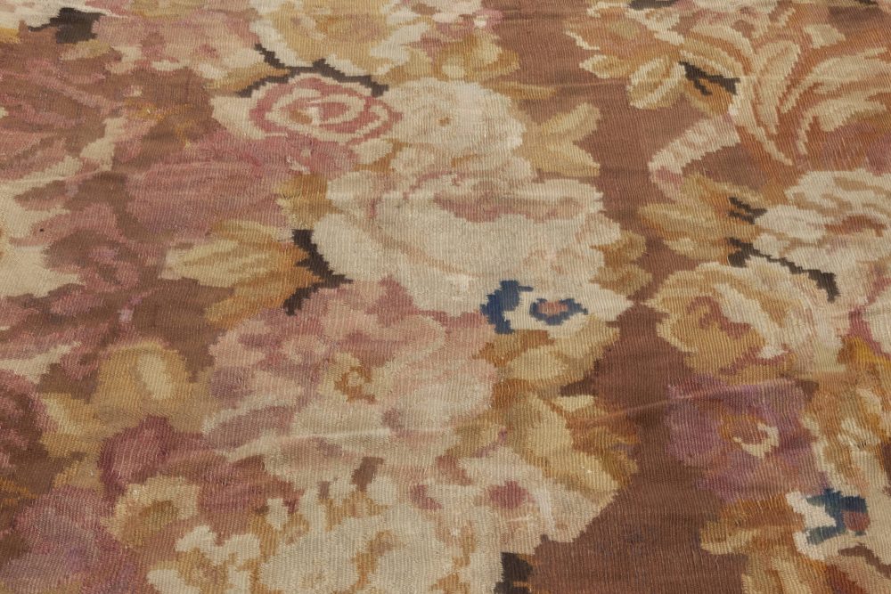 1900s French Aubusson Floral Beige, Black, Brown, Pink, Wool Rug BB6934