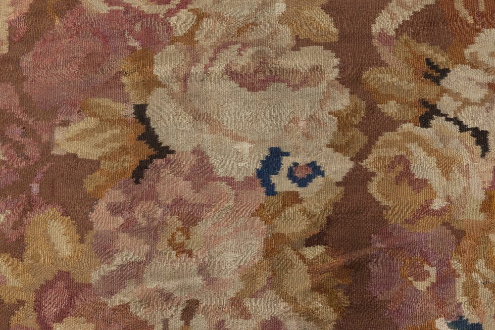 1900s French Aubusson Floral Beige, Black, Brown, Pink, Wool Rug BB6934