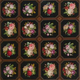 Antique Floral Allover Jet Black Needlework Wool Rug – Circa 1950 BB6941