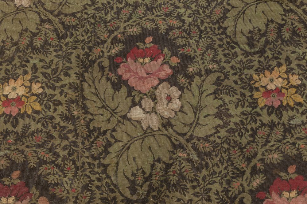 19th Century French Floral Design Green, Black, Pink Needlework Rug BB6947