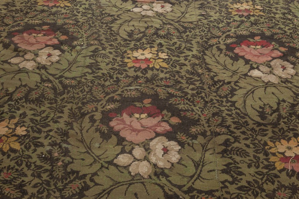 19th Century French Floral Design Green, Black, Pink Needlework Rug BB6947