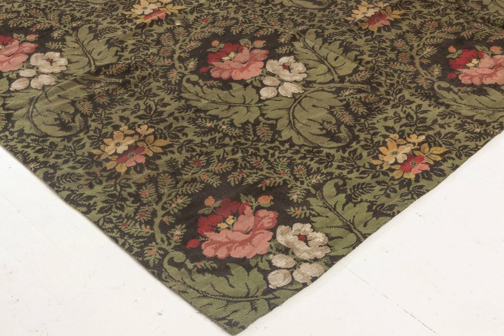 19th Century French Floral Design Green, Black, pink, Flat Weave Rug BB6947