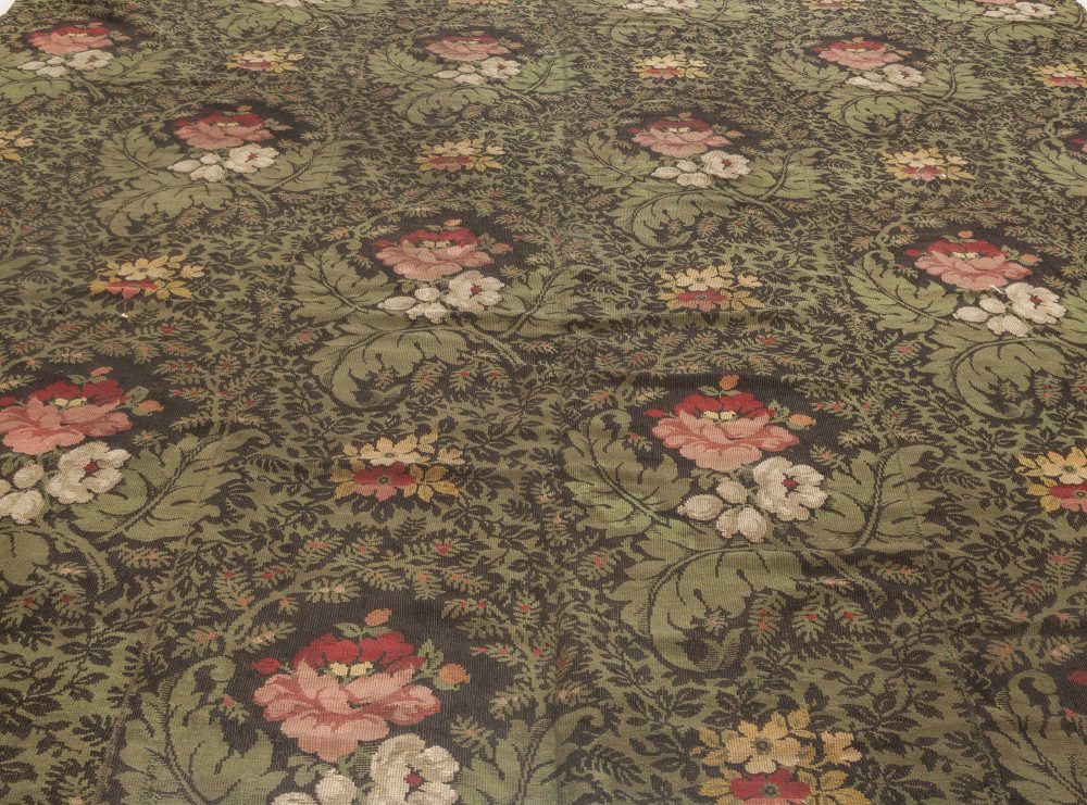 19th Century French Floral Design Green, Black, pink, Flat Weave Rug BB6947