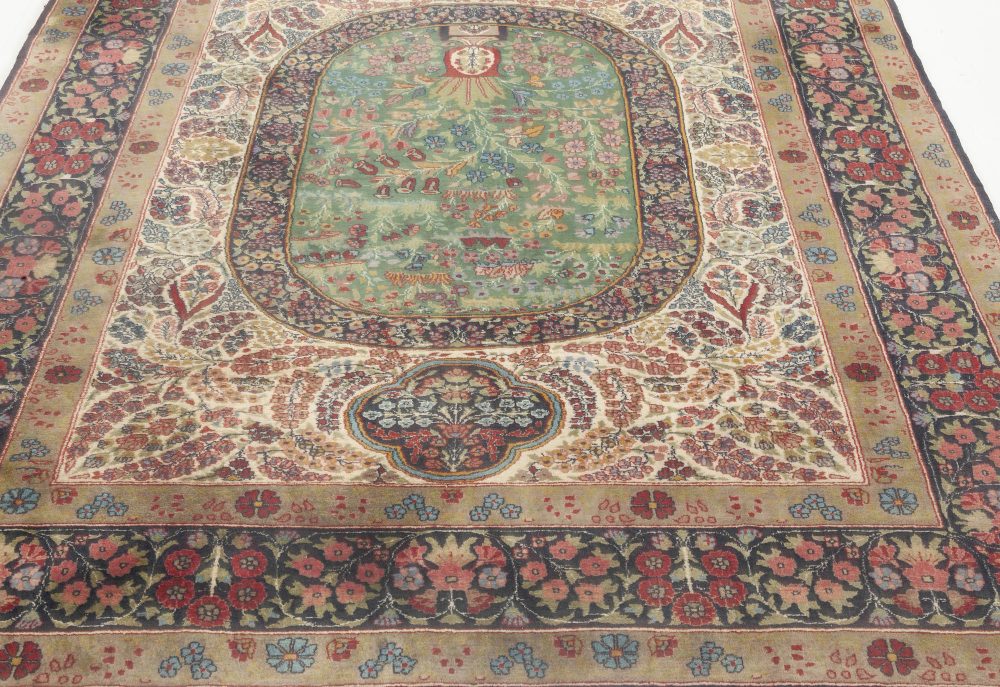 Kirman Floral  Blue, Green, Pink, Red & White Handwoven Wool Rug BB6931