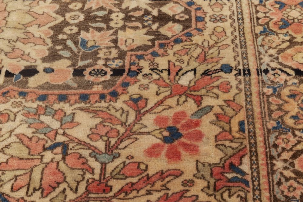 Antique Persian Tabriz Botanic Brown, Pink, Red Handmade Wool Rug BB6928