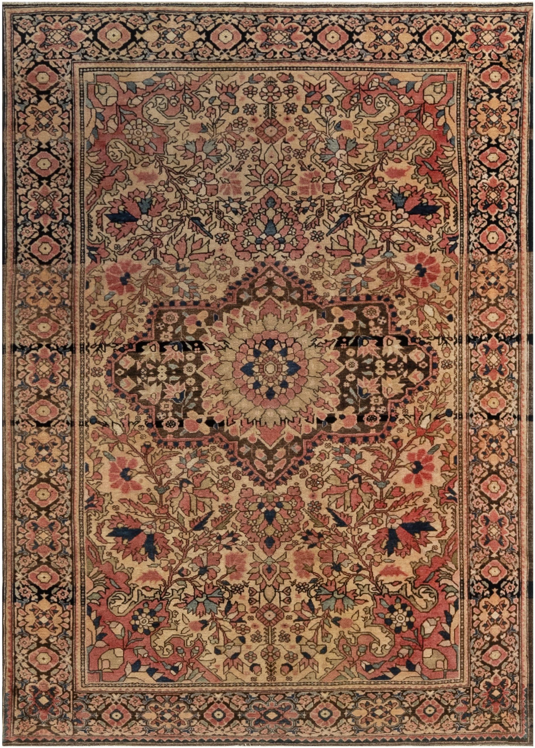Elegant Antique Tabriz Persian Floral Medallion Warm Tan Hand-Knotted Wool Rug – Circa 1900 BB6928