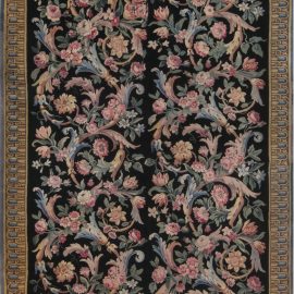 Antique Savonnerie French Allover Floral Midnight Black Hand-Knotted Wool Rug – Circa 1920 (Size Adjusted) BB6937