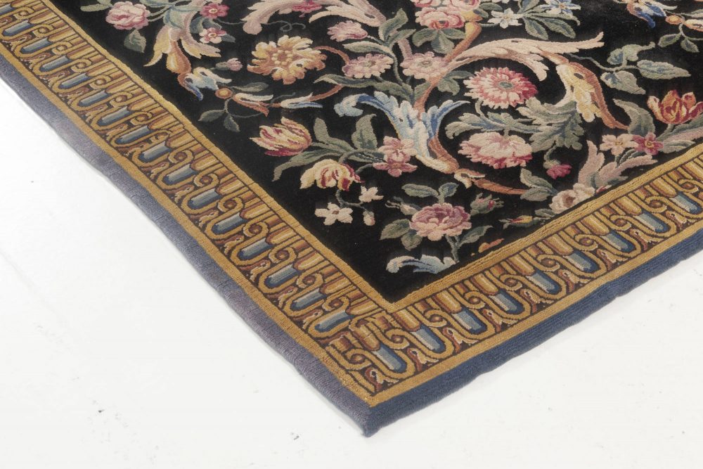 Early 20th Century Savonnerie Floral Black Background Wool Rug (Size Adjusted) BB6937