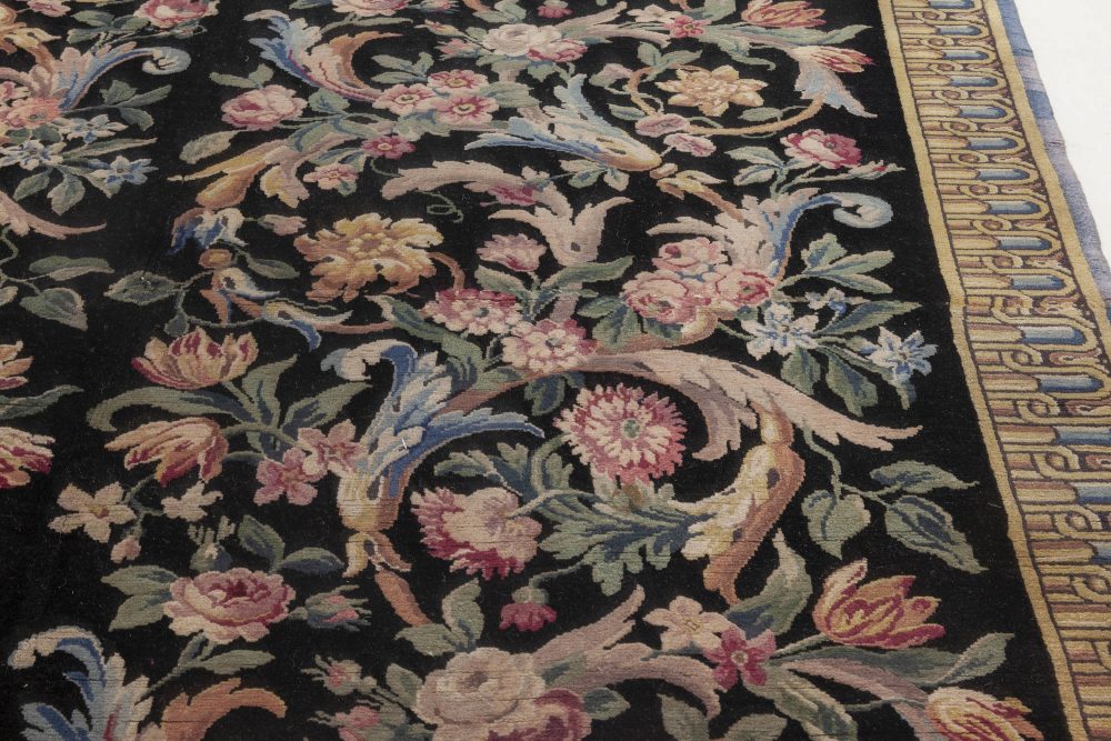 Early 20th Century Savonnerie Floral Black Background Wool Rug (Size Adjusted) BB6937