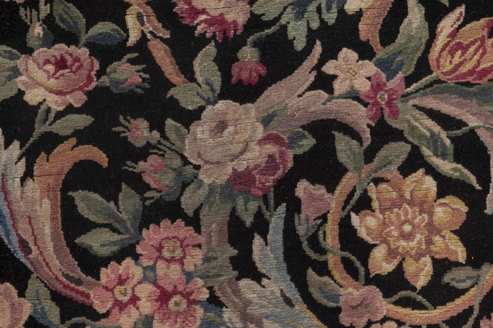 Early 20th Century Savonnerie Floral Black Background Wool Rug (Size Adjusted) BB6937