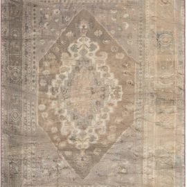 Antique Oushak Turkish Floral Medallion In Classic Taupe Hand-Knotted Wool Rug – Circa 1950 BB6923