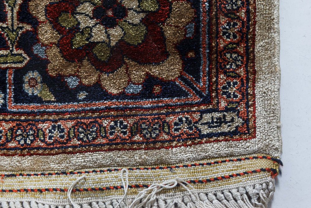 High-quality Vintage Blue, Brown, Red, and White Silk Rug BB6940