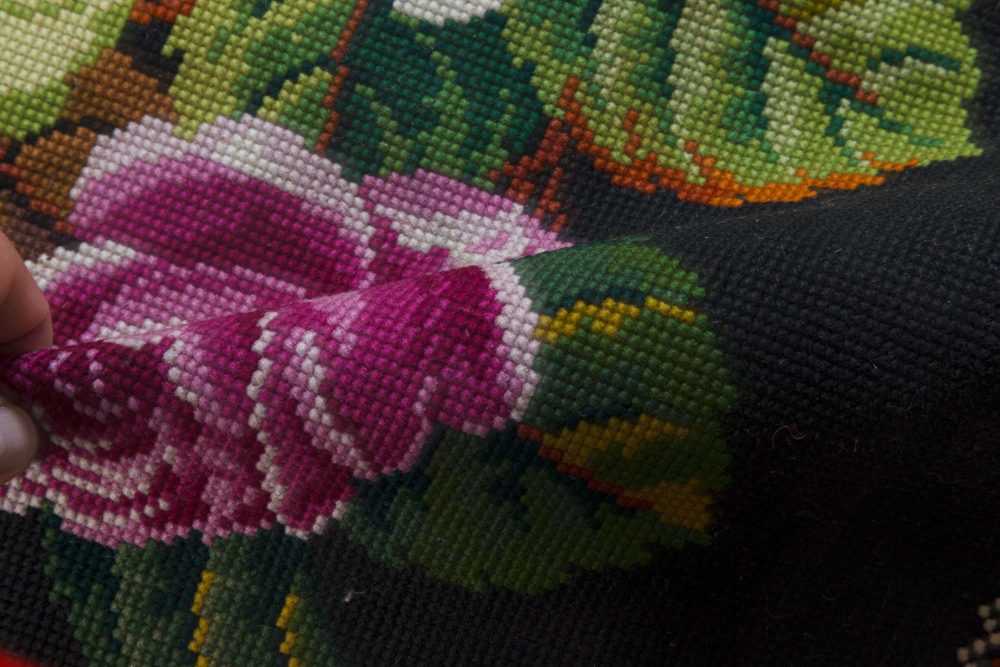 Mid-20th Century Floral Needlework Black, Green, Pink, Purple, Yellow Rug BB6941