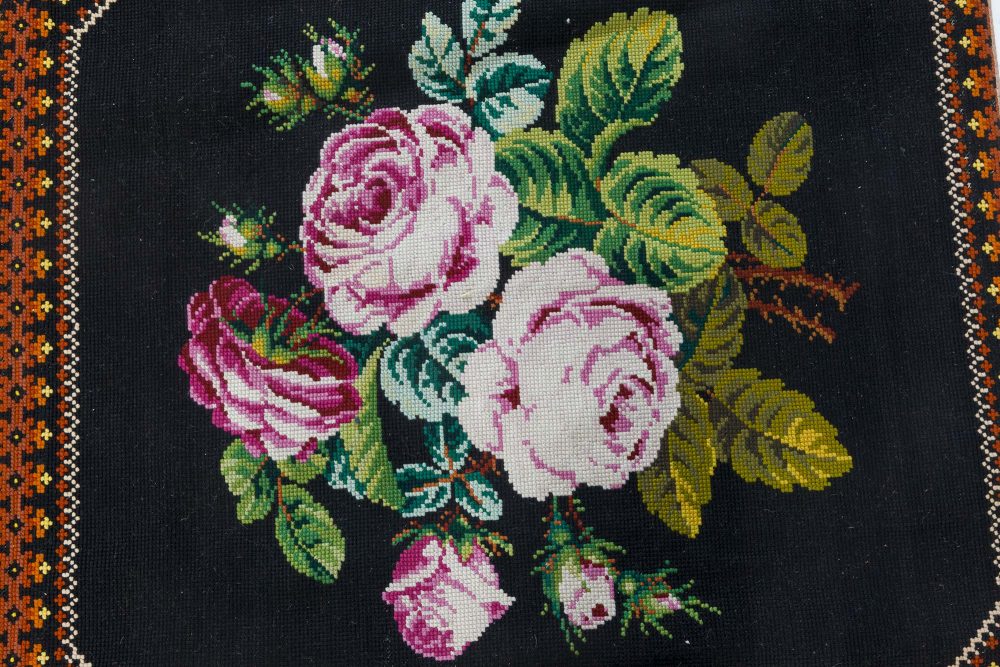Mid-20th Century Floral Needlework Black, Green, Pink, Purple, Yellow Rug BB6941