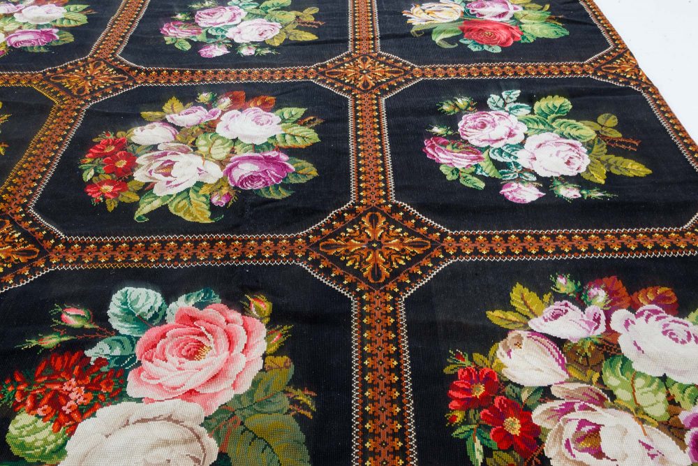 Mid-20th Century Floral Needlework Black, Green, Pink, Purple, Yellow Rug BB6941