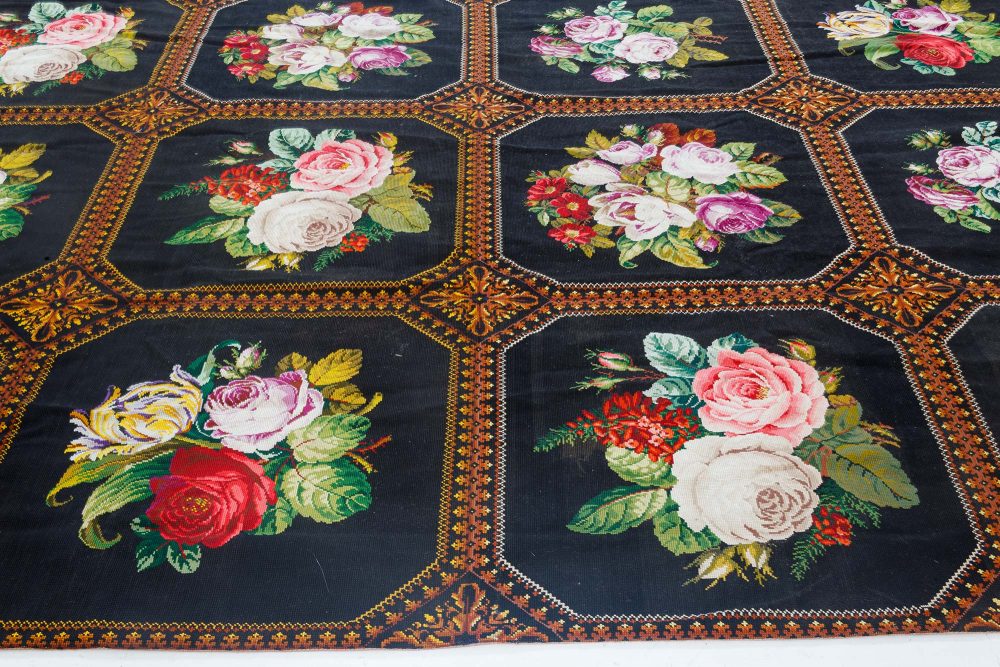 Mid-20th Century Floral Needlework Black, Green, Pink, Purple, Yellow Rug BB6941