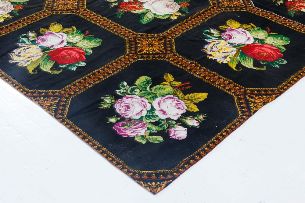 Mid-20th Century Floral Needlework Black, Green, Pink, Purple, Yellow Rug BB6941