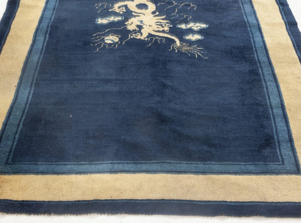 Vintage Chinese Beige and Navy Blue Hand Knotted Wool Rug BB6930