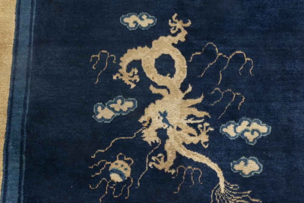Vintage Chinese Beige and Navy Blue Hand Knotted Wool Rug BB6930