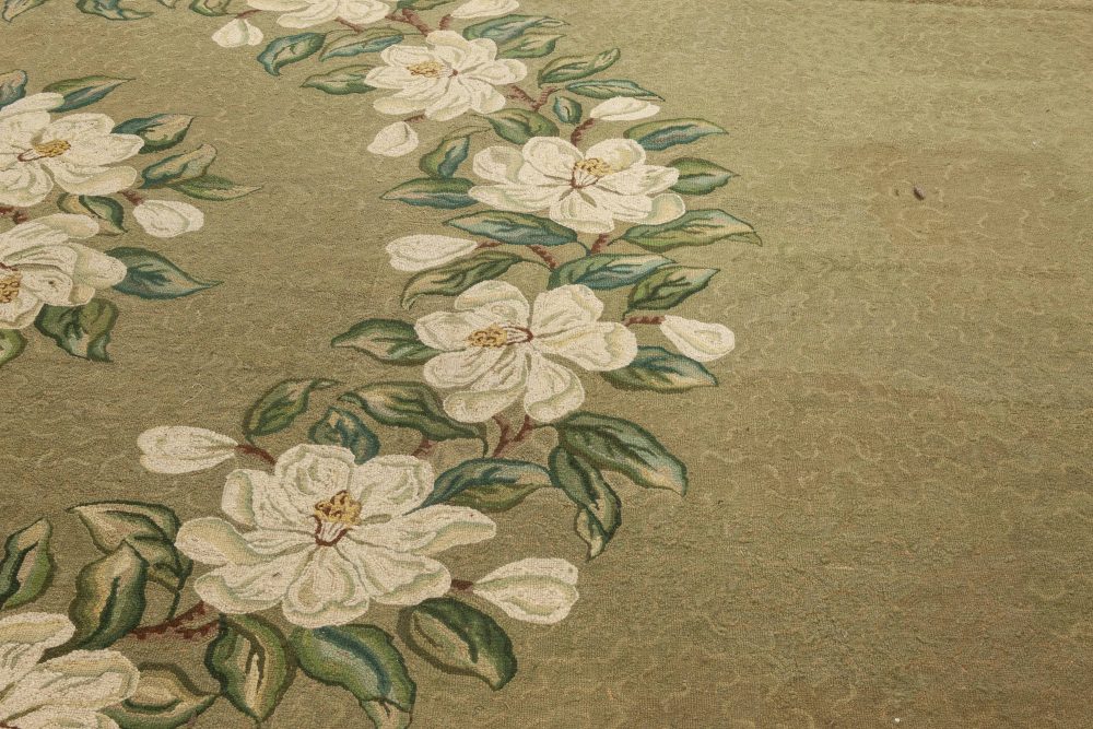 Mid-20th century Floral American Hooked Green White “Timeworn” Wool Rug BB6952